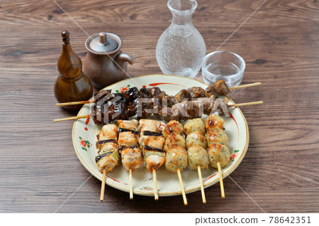 Yakitori, yakitori, yakitori, yakitori, chicken dishes, Japanese food, skewers. Yakitori, yakitori, yakitori, yakitori, chicken dishes, Japanese food, skewers. 78642351