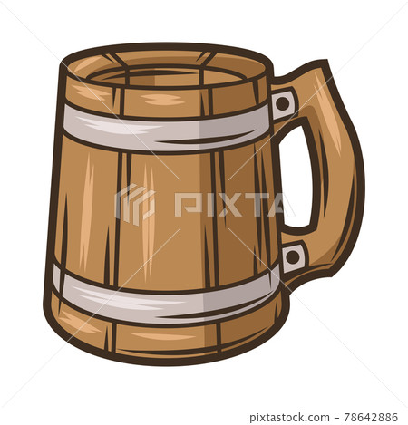 Illustration of wood mug with beer. Object in engraving hand drawn style. Old element for beer festival or Oktoberfest. 78642886