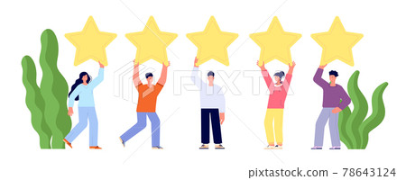 Client feedback review. Goods reviews, customers popular service. People ranking stars, woman man rate. Best quality rank utter vector concept 78643124