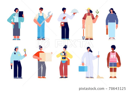 Female professionals characters. Working professions, woman career group. Professional uniform, smart doctor gardening business lady utter vector set 78643125
