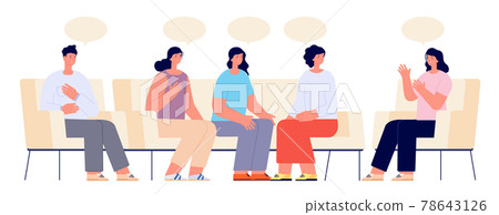 Therapy support group. Addiction group, female doctor on couch meeting. Supporting patient, psychologist consulting session utter vector concept 78643126