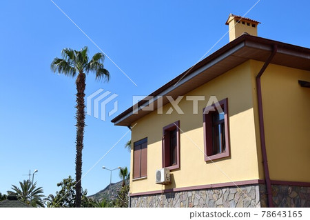 A tall palm tree and a yellow house with a chimney against a blue sky in Alanya, Turkey, April 2021 78643165
