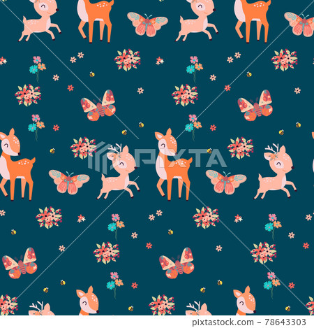 Seamless pattern with cute deer and flowers - Stock Illustration ...