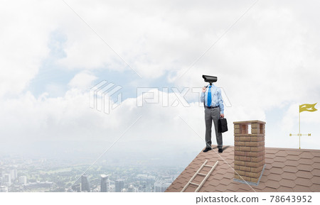 Concept of home security and privacy protection with camera headed man Concept of home security and privacy protection with camera headed man 78643952