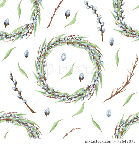 Easter willow seamless pattern. Watercolor spring background for design of gift packs, patterns fabric, wallpaper, web sites, etc. 78645075
