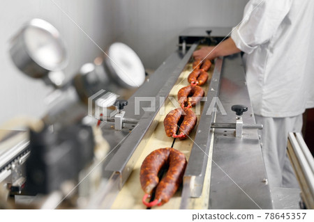 Sausages. Packing line of sausages. Industrial manufacture of sausage products. 78645357