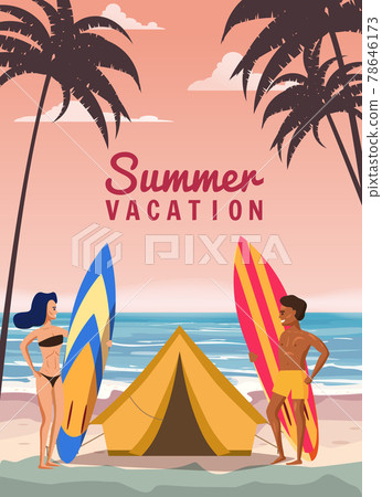 Surfers with boards and a beach tent are relaxing on the coast. Summer Vacation, man and woman travel to exotic resorts, palm trees, island, tropical. Vector, illustration, cartoon style, poster Surfers with boards and a beach tent are relaxing on the coast. Summer Vacation, man and woman travel to exotic resorts, palm trees, island, tropical. Vector, illustration, cartoon style, poster 78646173