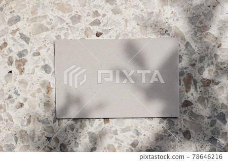 Blank beige business cards mockup on terazzo background in sunlight. Marble stone texture, tree leaf shadows overlay. Modern template, branding identity. Summer vacation design. Flat lay, top view. Blank beige business cards mockup on terazzo background in sunlight. Marble stone texture, tree leaf shadows overlay. Modern template, branding identity. Summer vacation design. Flat lay, top view. 78646216