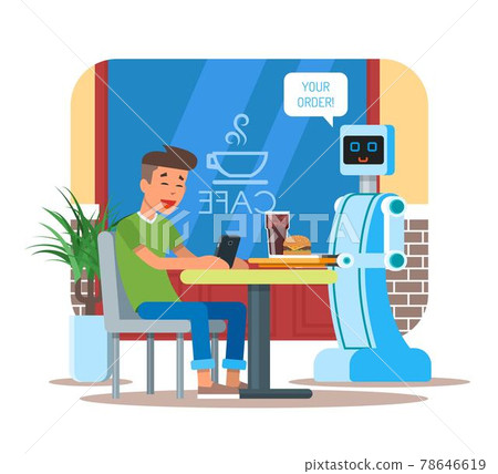 Vector illustration of robot waiter serving cola, hamburger to visitor Vector illustration of robot waiter serving cola, hamburger to visitor 78646619
