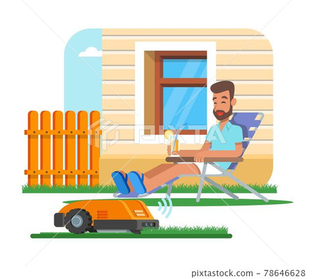 Vector illustration of home robot trimming lawn, man having rest Vector illustration of home robot trimming lawn, man having rest 78646628