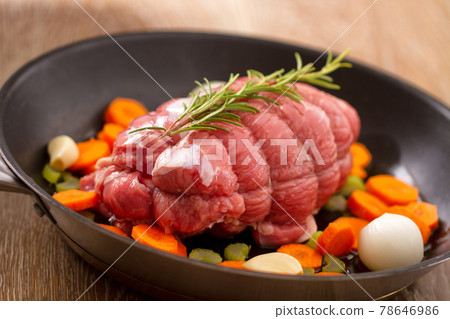 Raw Beef Roast in a Pan . High quality photo. 78646986