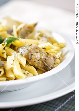 Pasta with Artichokes, Cheese and Herbs. High quality photo. 78647037