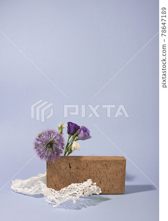 Minimal composition of brick podium and purple flowers on blue background. 78647189