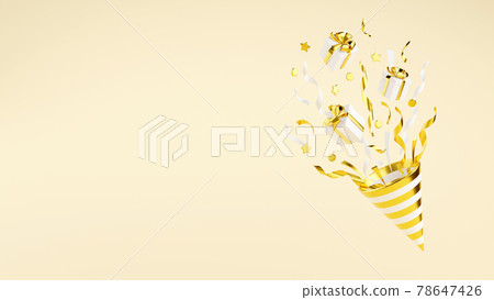 Golden party popper with flying confetti and gift boxes 3d render illustration. 78647426