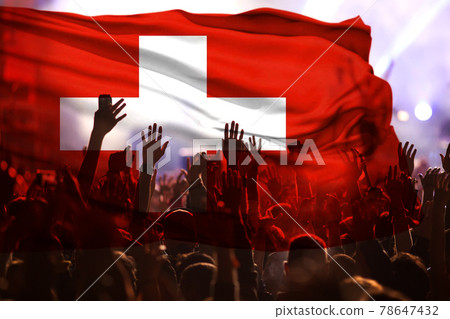 football fans supporting Switzerland - crowd celebrating in stadium with raised hands against Switzerland flag 78647432