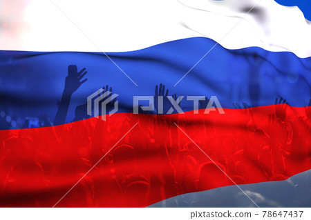 football fans supporting Russia  - crowd celebrating in stadium with raised hands against Russia flag 78647437