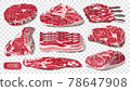 Set of realistic raw meat isolated. Cow pork steak grill food beef vector illustration 78647908