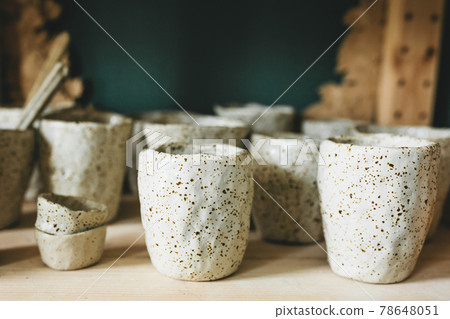 Pottery workshop products on table close up. 78648051