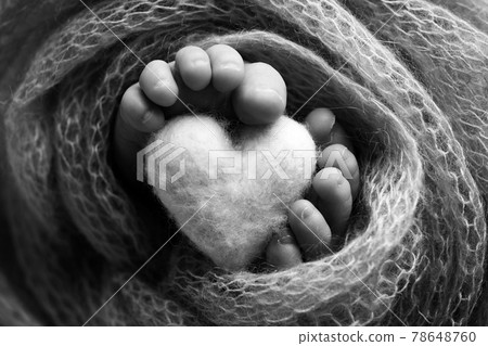 Feet of a newborn with a wooden heart, wrapped in a soft blanket. Black and white studio photography. 78648760