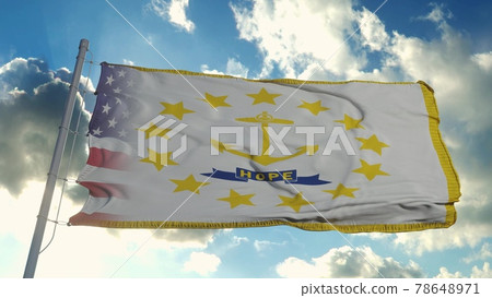 Flag of USA and Rhode Island state. USA and Wyoming Mixed Flag waving in wind. 3d rendering 78648971