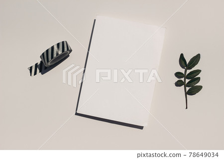 Feminine summer stationery still life. Blank greeting card mockup scene with striped washi tape and green lentisk leaf in sunlight. Beige table background, harsh shadows. Flat lay, top view. 78649034