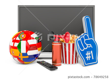 Watching football match at home concept. TV set with football ball and fan supporters accessories. 3D rendering 78649258