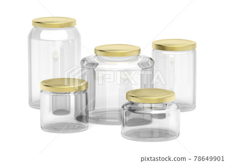 Empty glass jars on white background Empty glass jars on white background 78649901