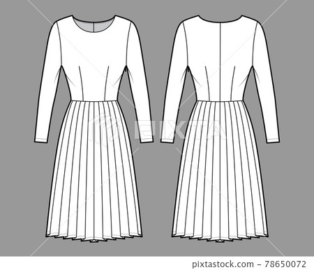 Dress pleated technical fashion illustration with long sleeves, fitted body, knee length skirt. Flat apparel front 78650072