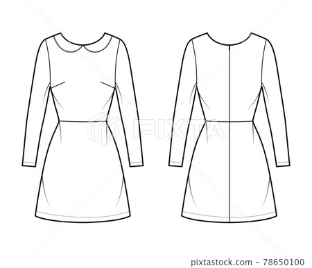 Dress A-line technical fashion illustration with long sleeve, peter pan collar, fitted body, above-the-knee length skirt Dress A-line technical fashion illustration with long sleeve, peter pan collar, fitted body, above-the-knee length skirt 78650100