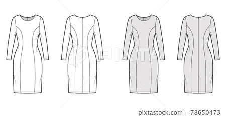 Dress princess line technical fashion illustration with long sleeve, fitted body, knee length pencil skirt. Flat apparel Dress princess line technical fashion illustration with long sleeve, fitted body, knee length pencil skirt. Flat apparel 78650473