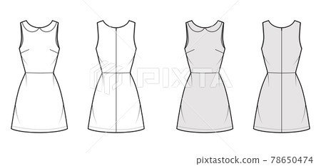 Dress A-line technical fashion illustration with sleeveless, peter pan collar, fitted body, above-the-knee length skirt 78650474