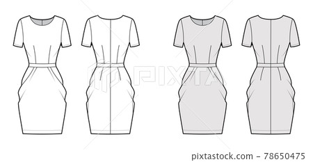 Dress tulip technical fashion illustration with short sleeves, fitted body, knee length peg-top pencil skirt apparel 78650475