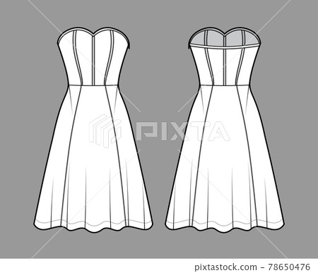 Dress corset technical fashion illustration with sleeveless, strapless, fitted body, knee length circular skirt. Flat Dress corset technical fashion illustration with sleeveless, strapless, fitted body, knee length circular skirt. Flat 78650476