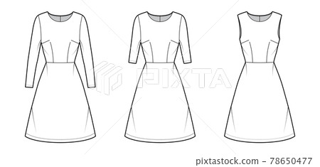 Set of Dresses A-line technical fashion illustration with long elbow short sleeves sleeveless, fitted body, knee length Set of Dresses A-line technical fashion illustration with long elbow short sleeves sleeveless, fitted body, knee length 78650477
