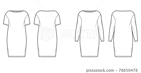 Set of Dresses sack slouchy technical fashion illustration with long short sleeves, oversized, knee length pencil skirt Set of Dresses sack slouchy technical fashion illustration with long short sleeves, oversized, knee length pencil skirt 78650478