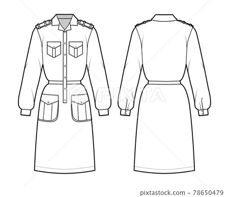 Dress safari technical fashion illustration with long sleeves with cuff, flap cargo pockets, epaulettes, knee length Dress safari technical fashion illustration with long sleeves with cuff, flap cargo pockets, epaulettes, knee length 78650479