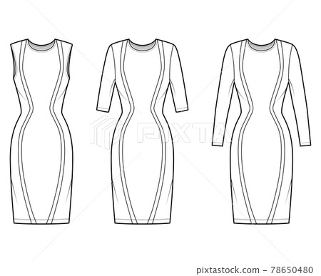 Set of Dresses panel technical fashion illustration with hourglass silhouette, elbow sleeve, fitted body, knee length Set of Dresses panel technical fashion illustration with hourglass silhouette, elbow sleeve, fitted body, knee length 78650480