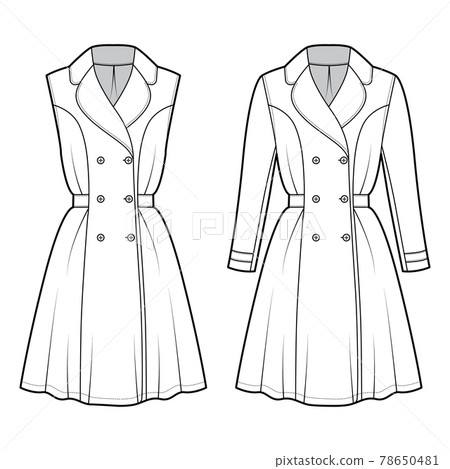 Set of Dresses coat trench technical fashion illustration with double breasted, long sleeve, fitted body, knee length Set of Dresses coat trench technical fashion illustration with double breasted, long sleeve, fitted body, knee length 78650481