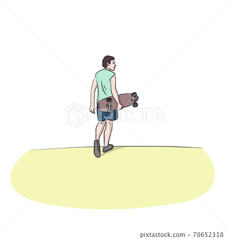 full length of man holding skateboard view from the back hand drawn with black lines illustration vector isolated on white background. 78652318