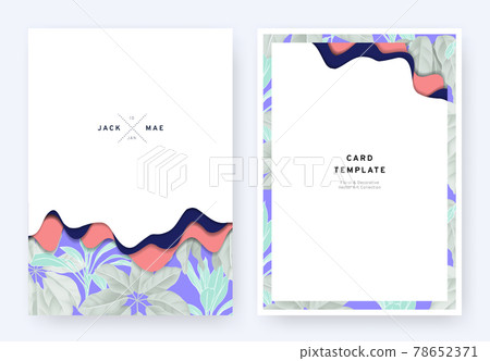 Foliage wedding invitation card template design, paper cut waves and tropical plants pattern 78652371
