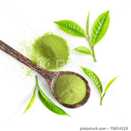 tea leaf and matcha green tea powder in wood spoon isolated on white background tea leaf and matcha green tea powder in wood spoon isolated on white background 78654329