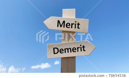 Road sign and blue sky_2 direction _ middle _ with Merit and Demerit characters Road sign and blue sky_2 direction _ middle _ with Merit and Demerit characters 78654536