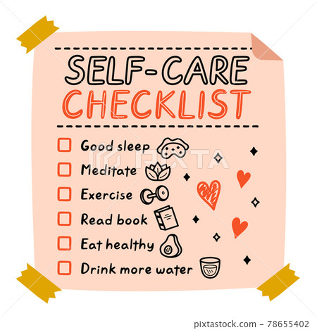 Cute funny self-care to do list, checklist. Vector hand drawn cartoon kawaii character illustration icon. Self-care checklist sticker, card, poster concept 78655402