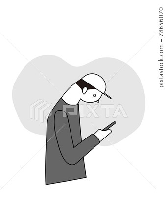 Monochrome illustration of a casual man looking at a smartphone 78656070