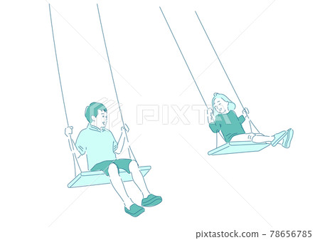 Illustration of brother and sister riding on a swing (white background, vector, cutout) 78656785