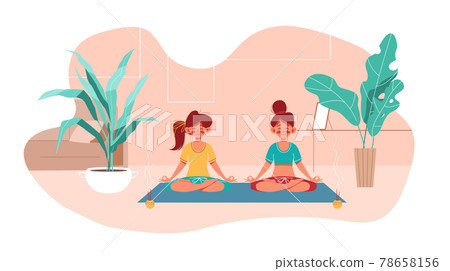 Fitness at home. Two girl do yoga in lotus pose Fitness at home. Two girl do yoga in lotus pose 78658156