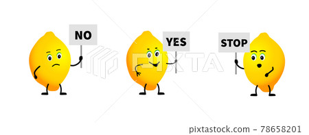 Cartoon character Lemons, holding a sign with words NO, STOP or Yes. Cartoon character Lemons, holding a sign with words NO, STOP or Yes. 78658201