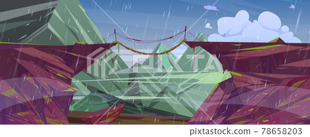 Rain in mountain landscape with suspension bridge 78658203