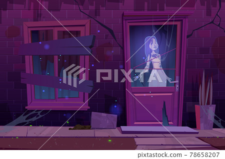 Haunted house with ghost stand behind of door 78658207