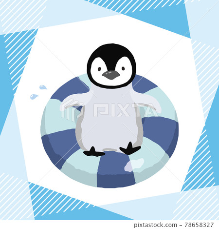 一隻企鵝在海中漂浮的插圖，帶有浮環 78658327